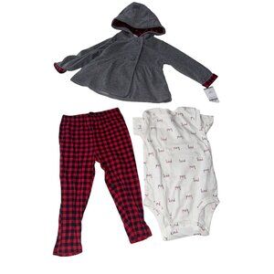 Carters 3-Piece Baby Outfit Set 3M Gray Hooded Jacket White Printed Bodysuit Red